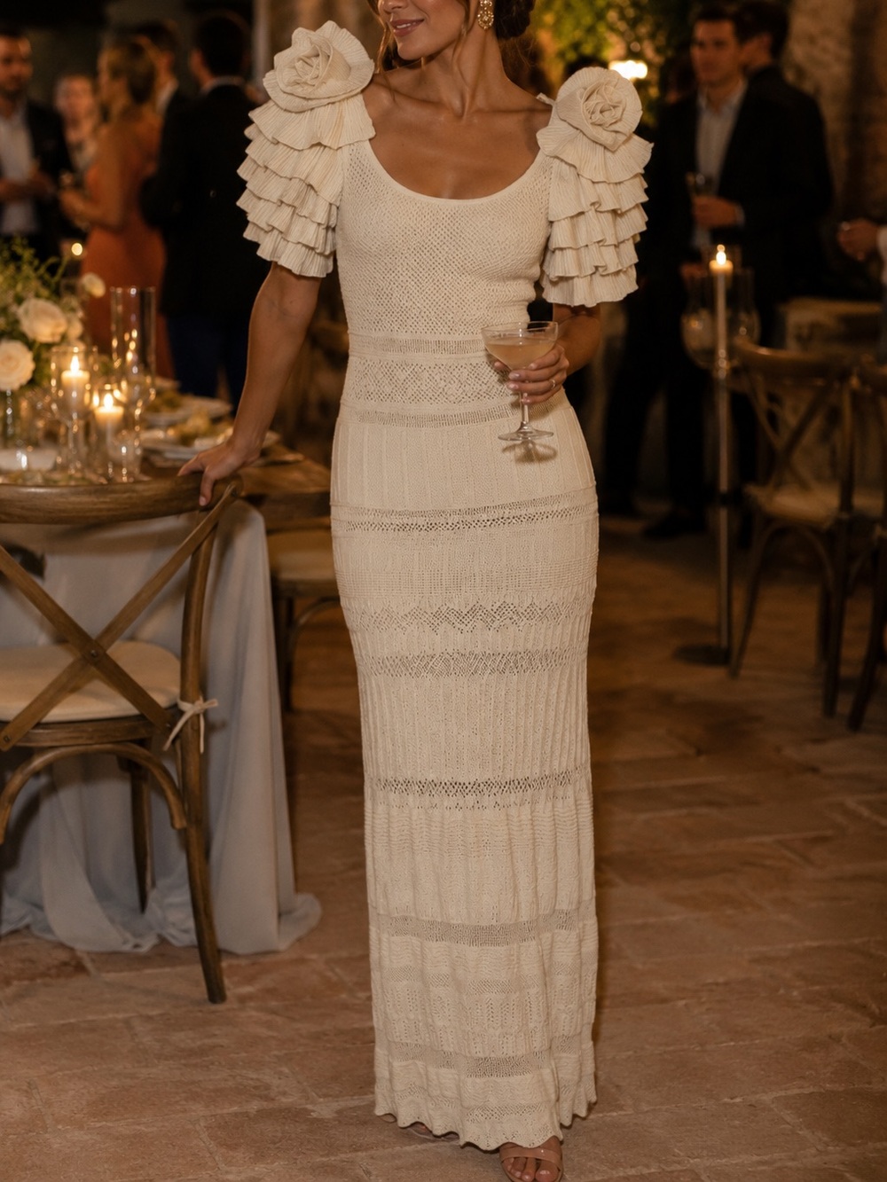 Malandrino Vintage Black Label Ivory Knit Crochet Midi Dress Size 44 New Luxury
